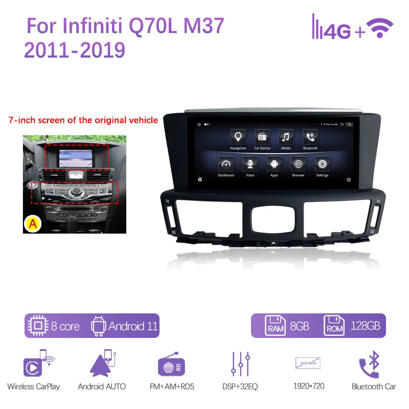 10.25" For Infiniti Q70L M37 2011-2019 GPS Navigation Radio Android11 8+128G 8Core CarPlay 4G 360 Camera Car Multimedia Player
