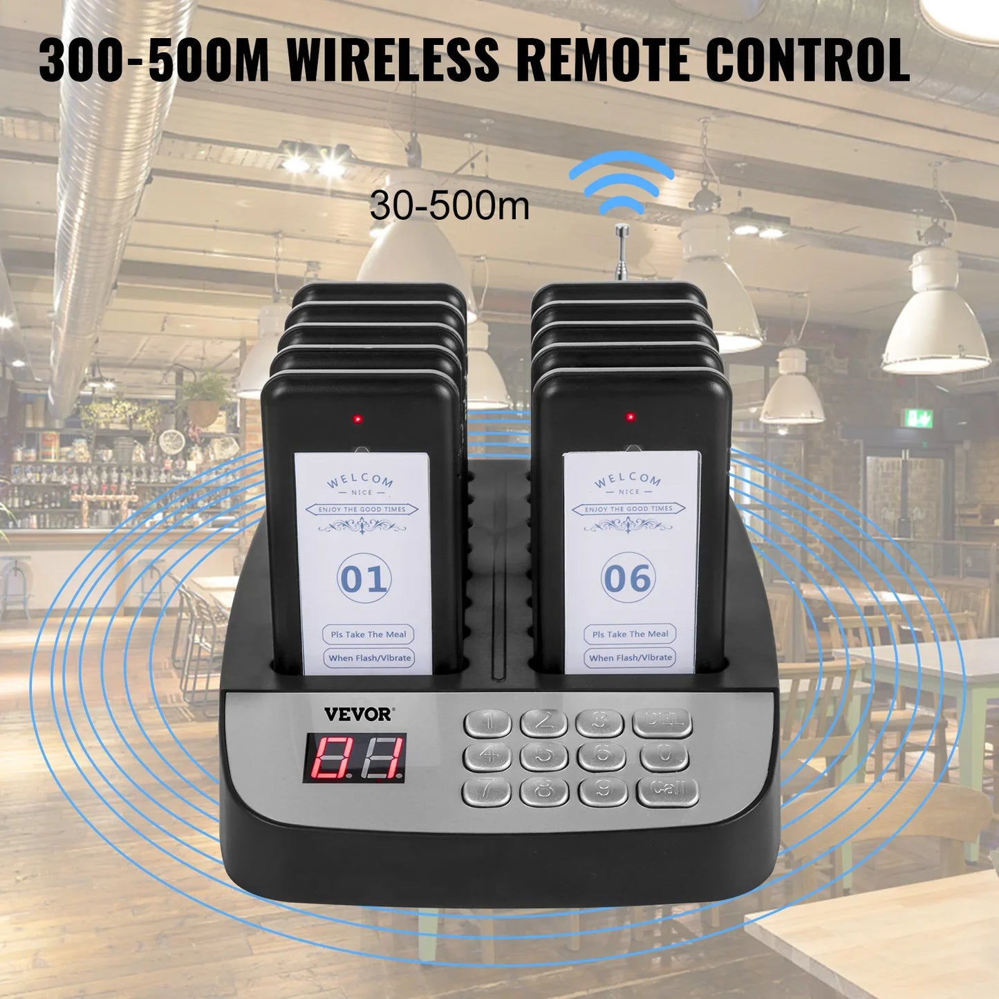 VEVOR Wireless Restaurant Buzzer Pager 16 Coasters Paging Guest Calling Queuing System for Coffee Dessert Burger Shop Food Truck