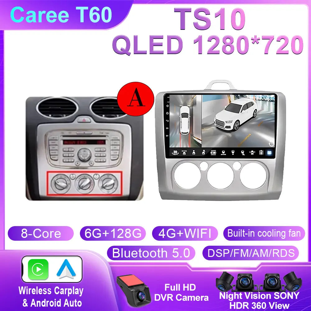 Android 14 Wireless CarPlay Auto For Ford Focus 2 3 Mk2 Mk3 2004-2011 4G+WIFI Car Radio Multimedia Stereo Player GPS 360 Camera