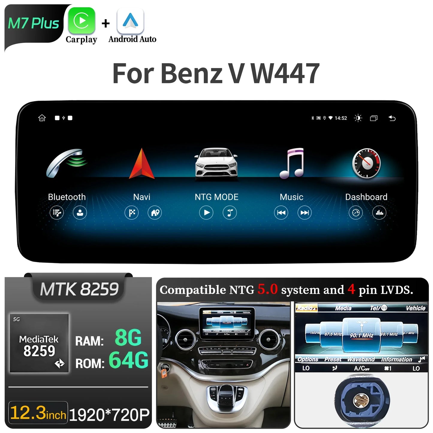 Car Radio For Mercedes Benz V Class W447 V250 V260 V350 Android 14 4G Wireless BT Carplay Snapdragon 680 Head Unit Touch Screen