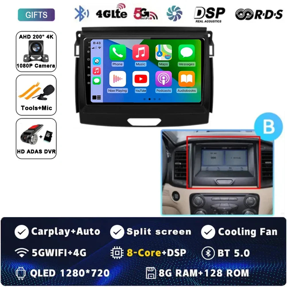 Android 15 Car Radio Stereo QLED Screen For Ford Ranger 2015 2016 2017 2018 2019-2022 GPS Multimedia Carplay Autoradio Head unit