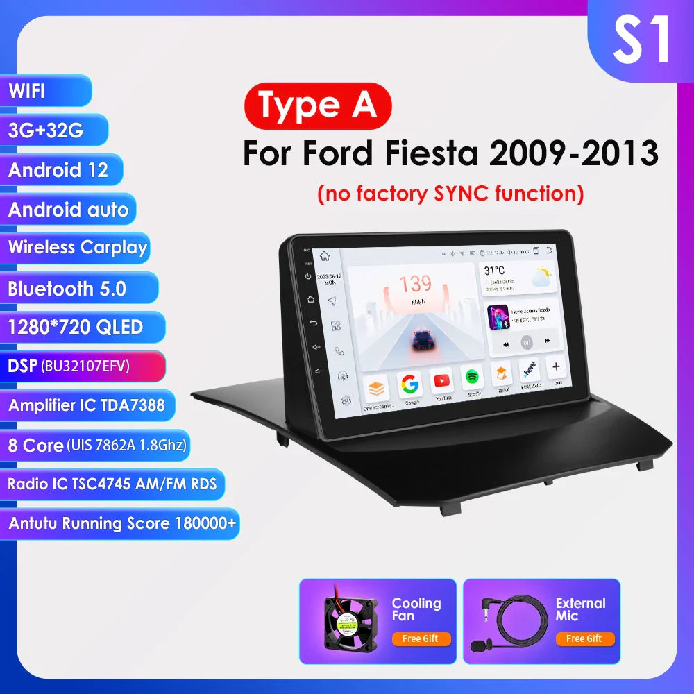 Hizpo 9 Inch Car Radio for Ford Fiesta 2009 - 2017 2din Android Multimedia Video Player GPS Navi Wireless Carplay Auto Screen