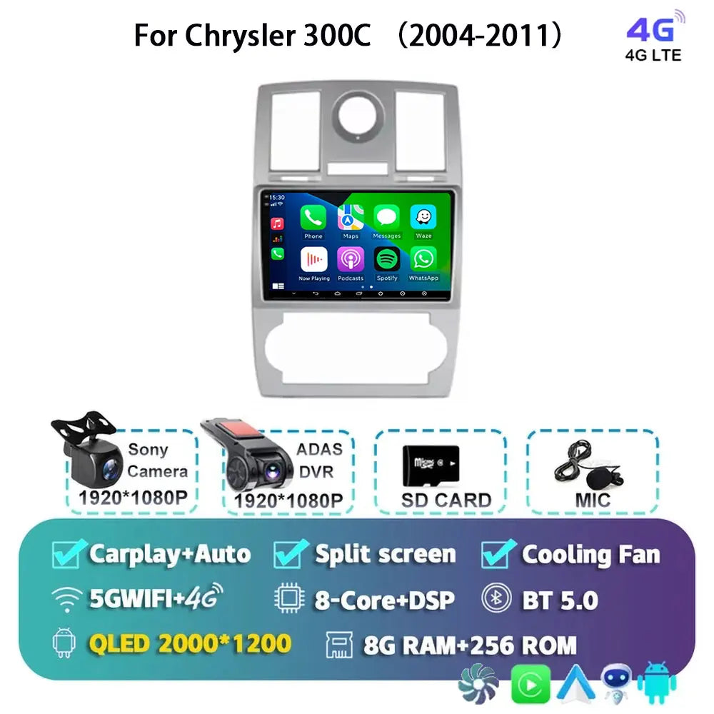 Android 15 For Chrysler 300C 2004-2011 Auto Carplay Car Radio Navigation GPS Video Multimedia Player 360 Camera 4G WIFI DSP