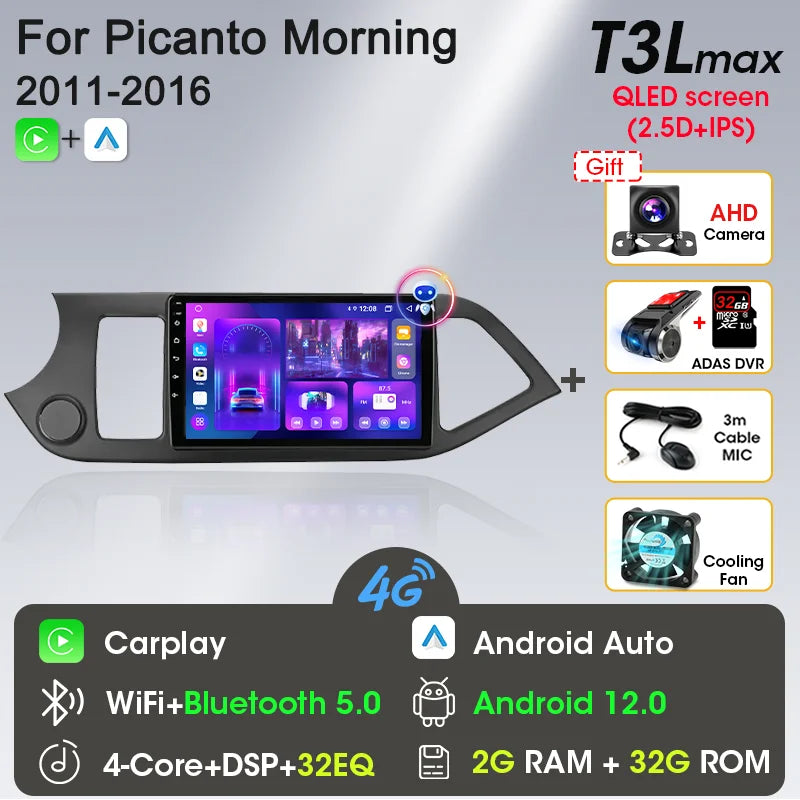 2 Din Android 12 Car Radio Carplay for KIA PICANTO Morning 2 2011 2012 2013 2014 2015 2016 Multimedia Player Navigation DVD Head