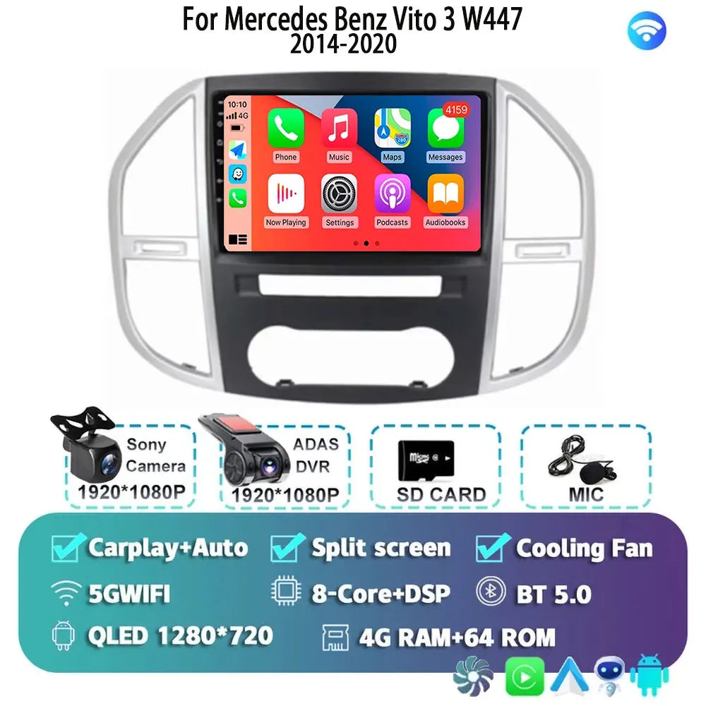 Android 14 For Mercedes Benz Vito 3 W447 2014-2020 2K QLED Android Car Radio Multimedia Video Player 4G Stereo CarPlay Head Unit