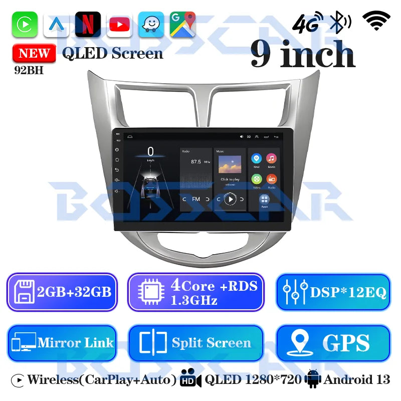BOSSCAR 9" Car Radio For Hyundai Verna Accent Solaris 2010-2016 2Din Android Car Stereo DVD GPS Navigation Player QLED Carplay