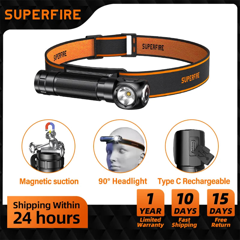 SUPERFIRE High Power LED Headlamp USB Rechargeable 90° Headlight Camping Torch with Power Indicator Magnet Tail Head Flashlight