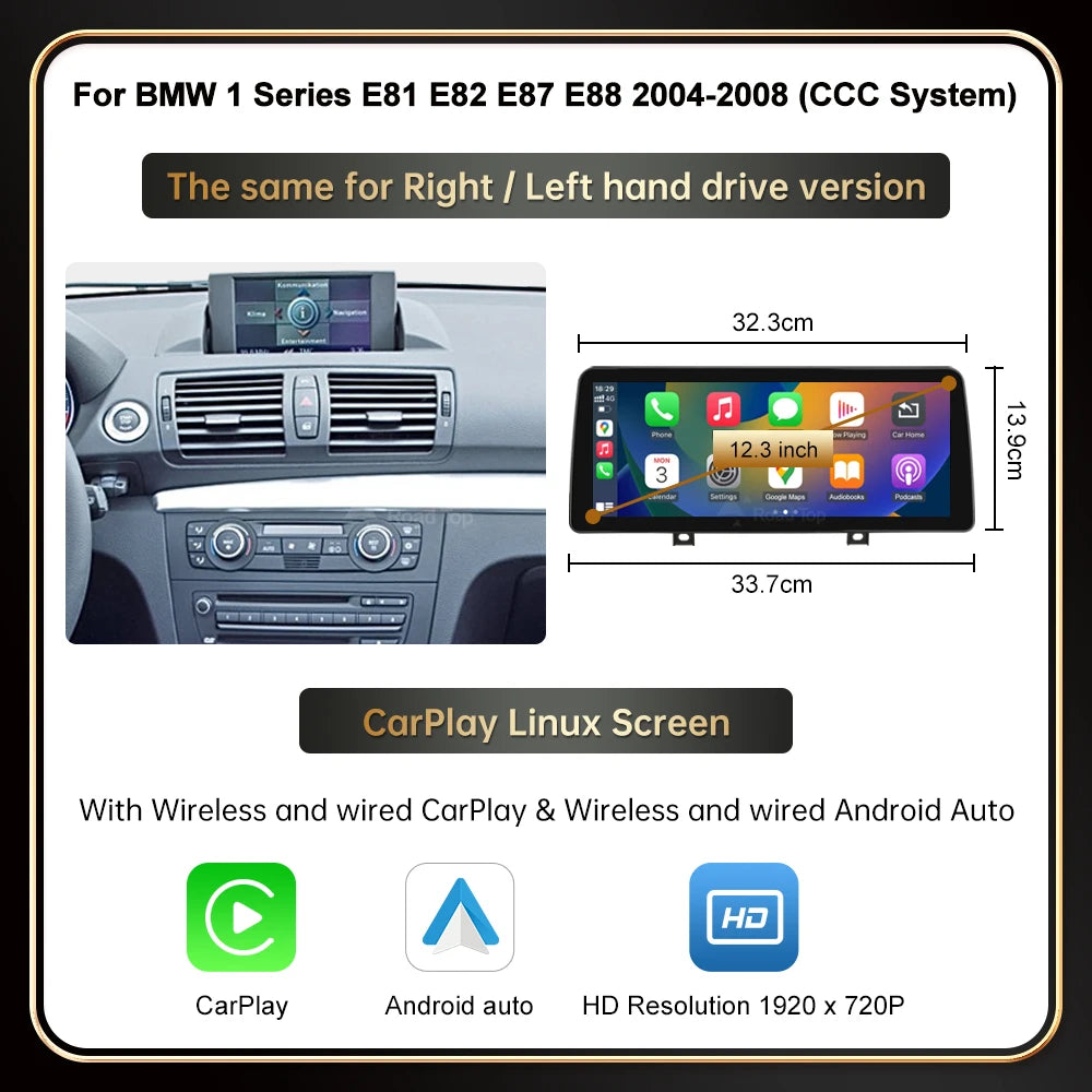 RoadTop Wireless CarPlay Android Auto For BMW Series 1 E81 E82 E87 E88 CCC CIC System Multimedia Display Screen