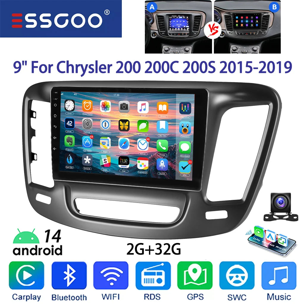 ESSGOO 9" Android 14 For 15-19 Chrysler 200 200C 200S Carplay Android Auto Car Radio GPS Navi Wifi FM BT SWC Multimedia Player