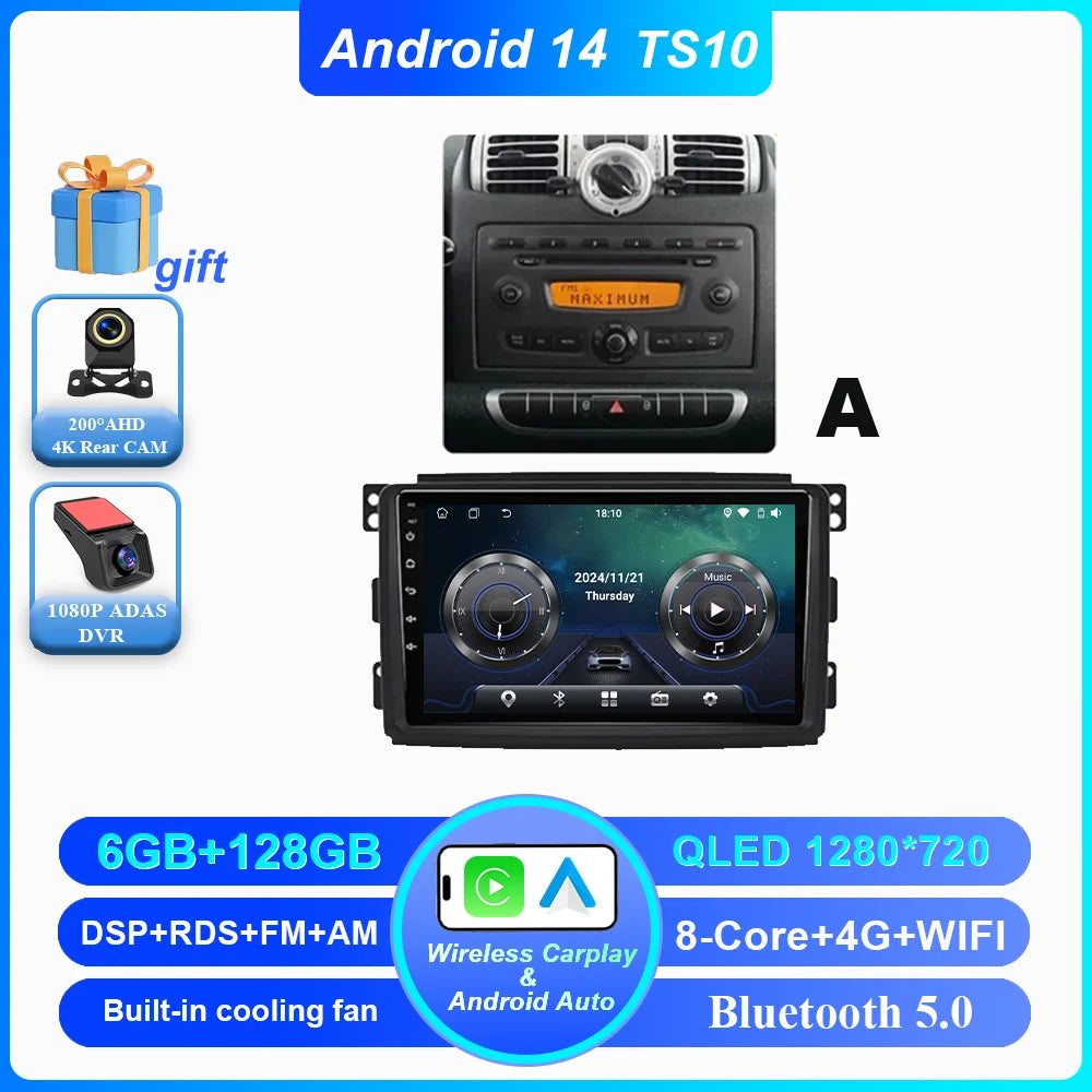 Car Android 14 GPS Navigation For Mercedes Benz Smart Fortwo 451 2010 - 2015 Auto Radio Stereo Multimidia Player Carplay NO 2DIN