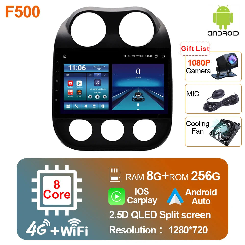 2 Din Car Radio Android 13 For JEEP Compass 2009 - 2016 Multimedia Video Player Carplay Auto Stereo GPS Navigation Autoradio DSP