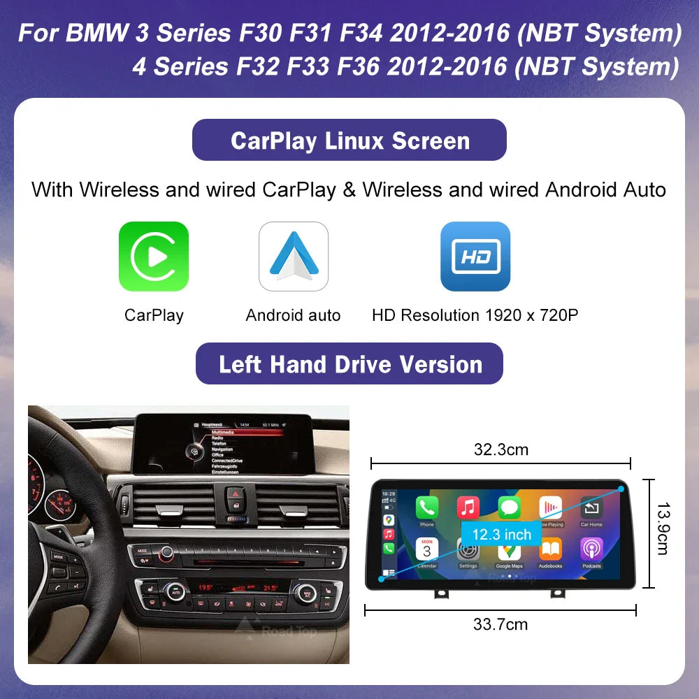 1920*720 Multimedia Touch Screen For BMW 1/2/3/4 Series F20/F21/F22/F30/F31/F33/F34/F36 Android Auto NBT System Wireless Carplay