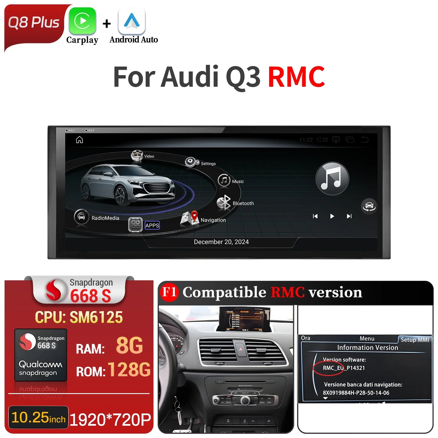 10.25 inch Android 14 For Audi Q3 2011-2018 Car Radio Wireless Bluetooth Carplay Qualcomm Snapdragon 680 Head Unit Touch Screen