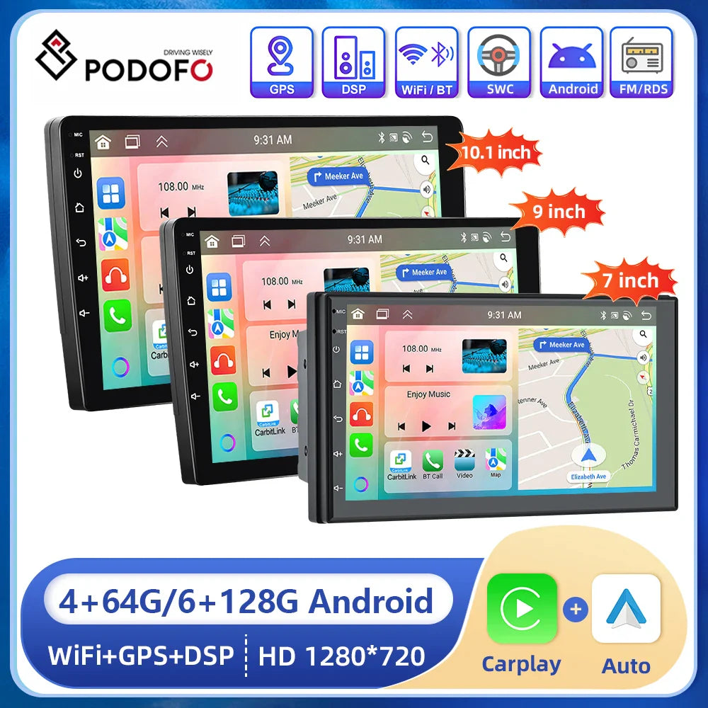Podofo Android 6+128G 7/9/10inch Car Stereo Radio Universal WIFI Carplay Android Auto Car Multimedia Player Bluetooth FM 32EQ