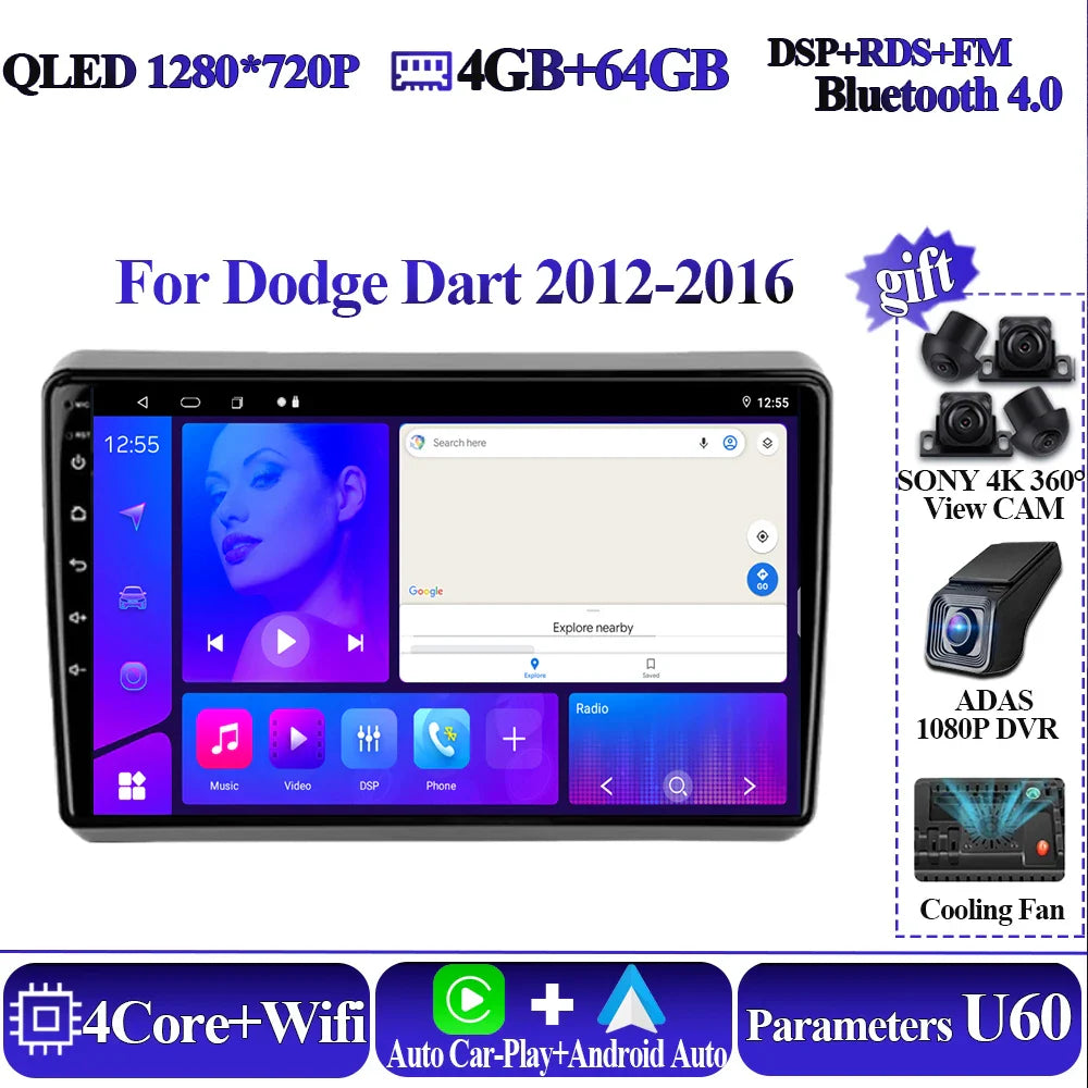 Wireless Android Auto Carplay For Dodge Dart 2012-2016 Car Multimedia Player 5G Wifi GPS Intelligent System 8 core Touch Display