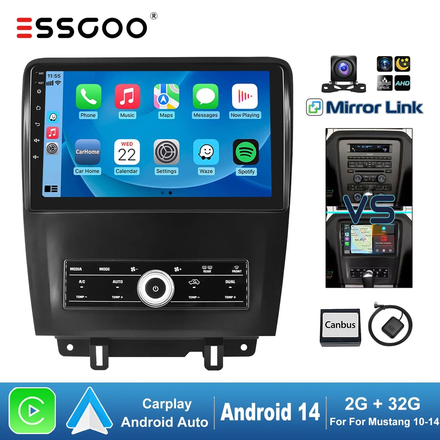 ESSGOO 10.1" Android 14 Car Stereo Radio For Ford Mustang 2010-2014 Carplay/Android Auto Touchscreen GPS Nav BT FM USB SWC
