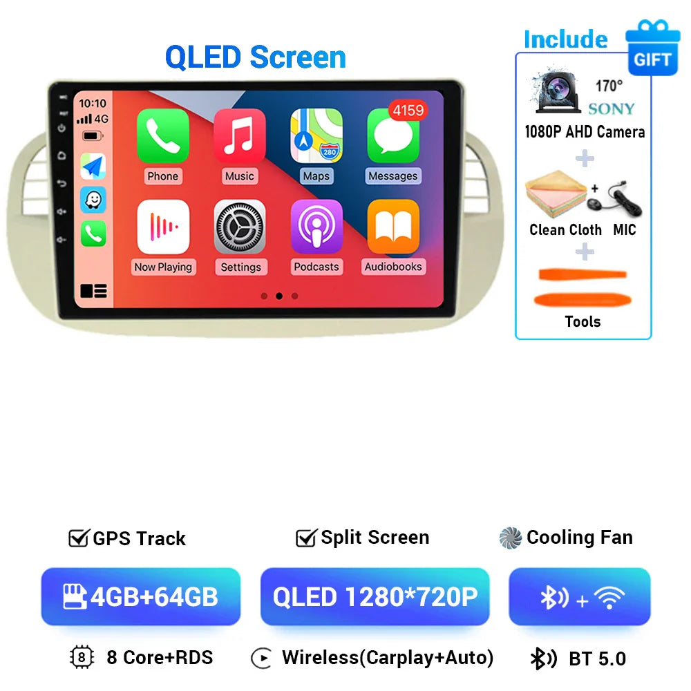 Android 15 8+256G For Fiat 500 Car Radio Stereo GPS Navigation Mirror Connection Split Screen Multimedia Carplay Auto Player DSP