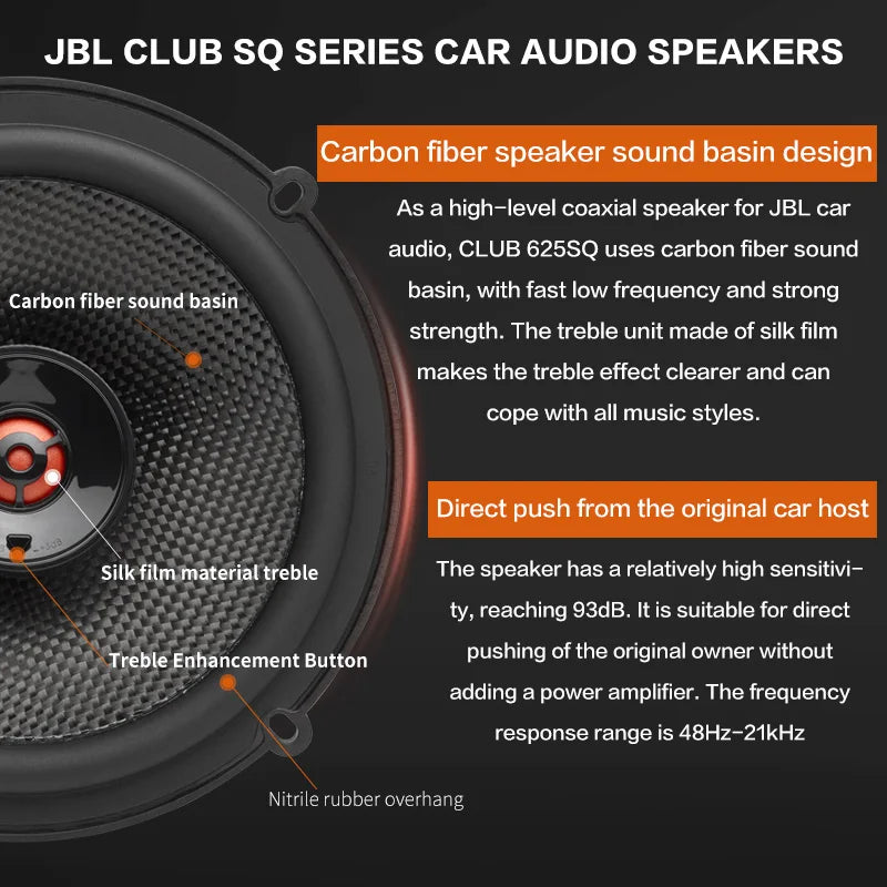 JBL Car Audio Speaker 6.5-inch CLUB 625SQ Coaxial Speaker Treble Subwoofer Full Band Stereo Surround Speaker