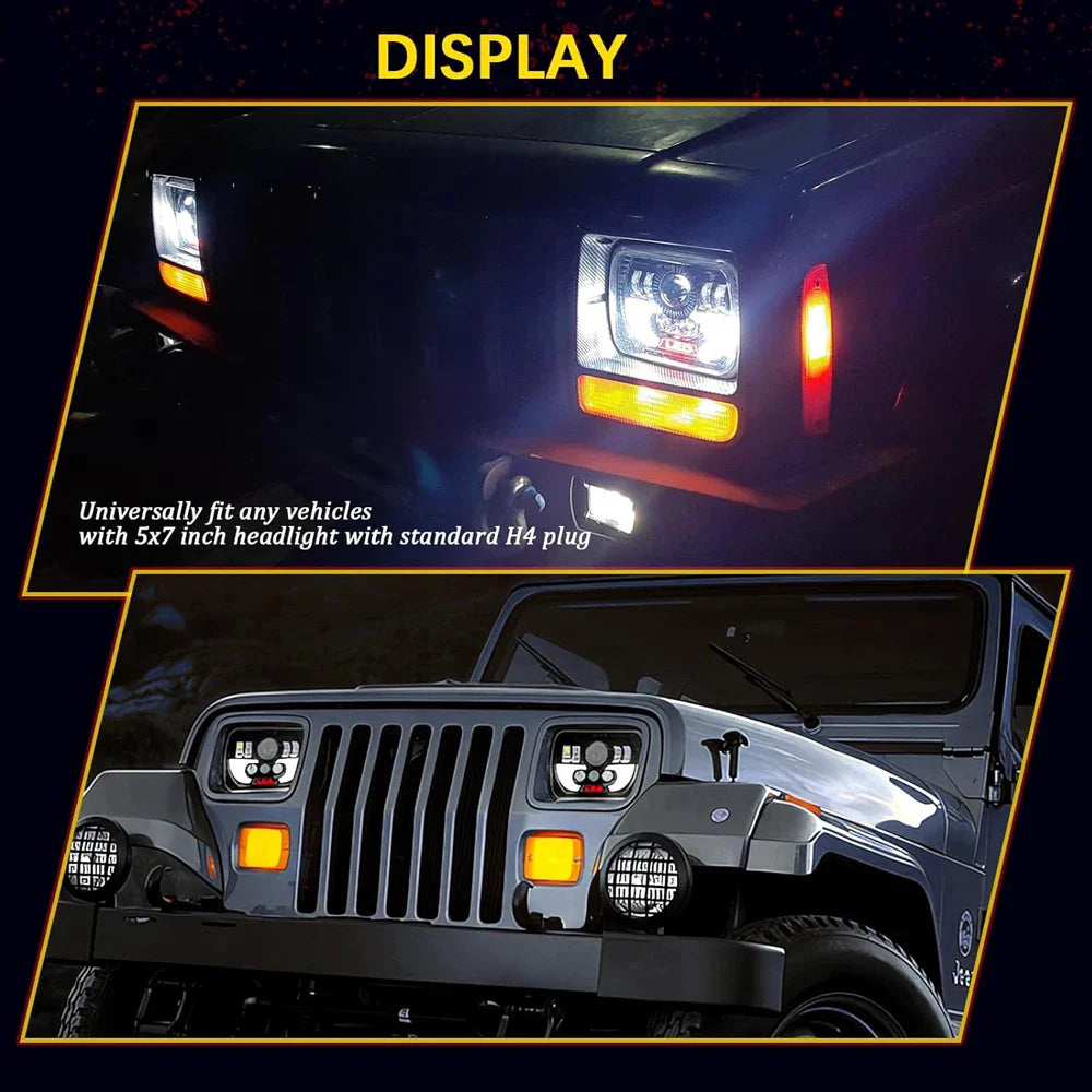 Car LED Headlight DRL Hi-Low Beam H4 Headlamp 5X7" 7x6 Inch Rectangle For Jeep Wrangler YJ Cherokee XJ Toyota Nissan GMC Ford