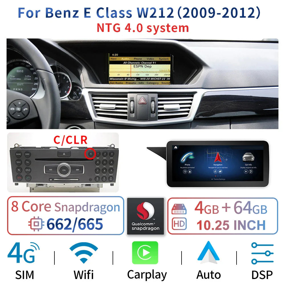8 Core Android System Car GPS Navi Screen For Mercedes W212 2009-2016 WIFI SIM 8+128GB BT Carplay IPS Screen Multimedia Player