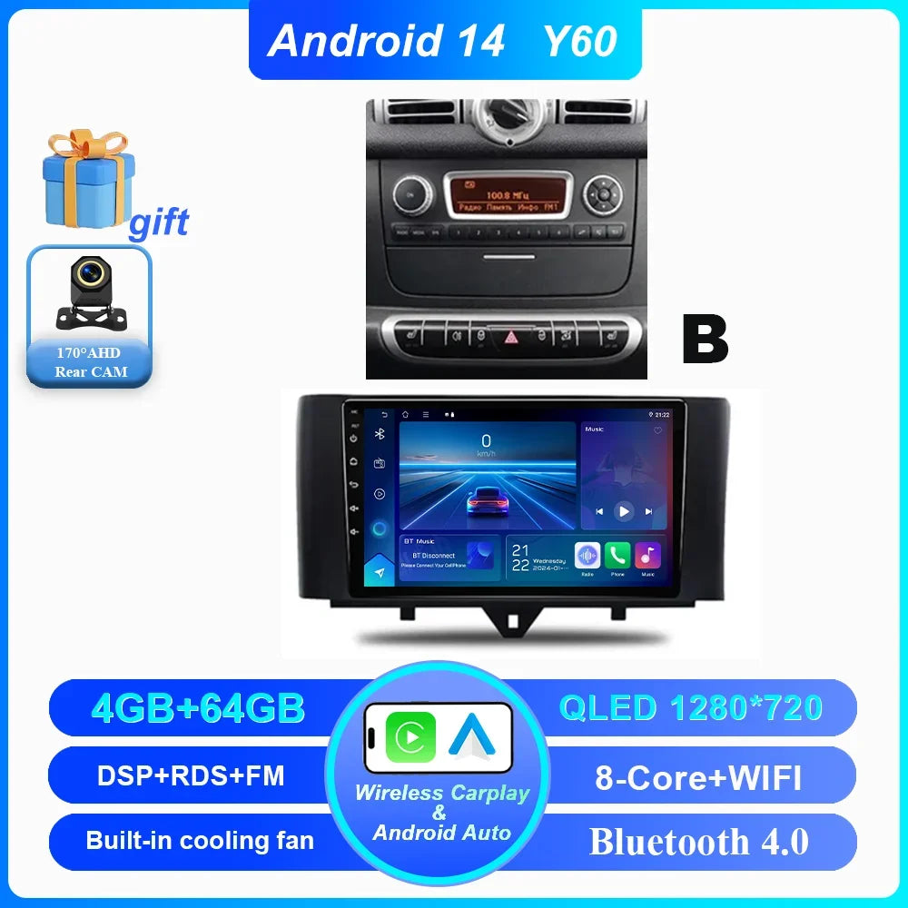 Car Android 14 GPS Navigation For Mercedes Benz Smart Fortwo 451 2010 - 2015 Auto Radio Stereo Multimidia Player Carplay NO 2DIN