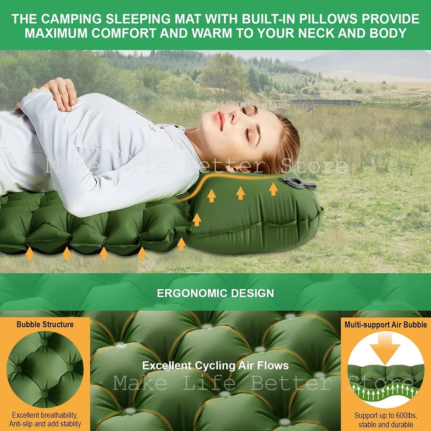 Inflatable Mattress with Built-in Pillow Pump 200x140cm Outdoor Sleeping Bed Vehicle Inflatable Cushion for Summer Beach Mat