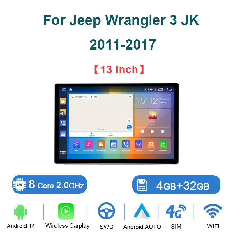 Android 14 8+256GB 13 INCH 2K Screen Car Radio For Jeep Wrangler 3 JK 2010-2018 GPS Multimedia Player Carplay GPS Stereo 4G