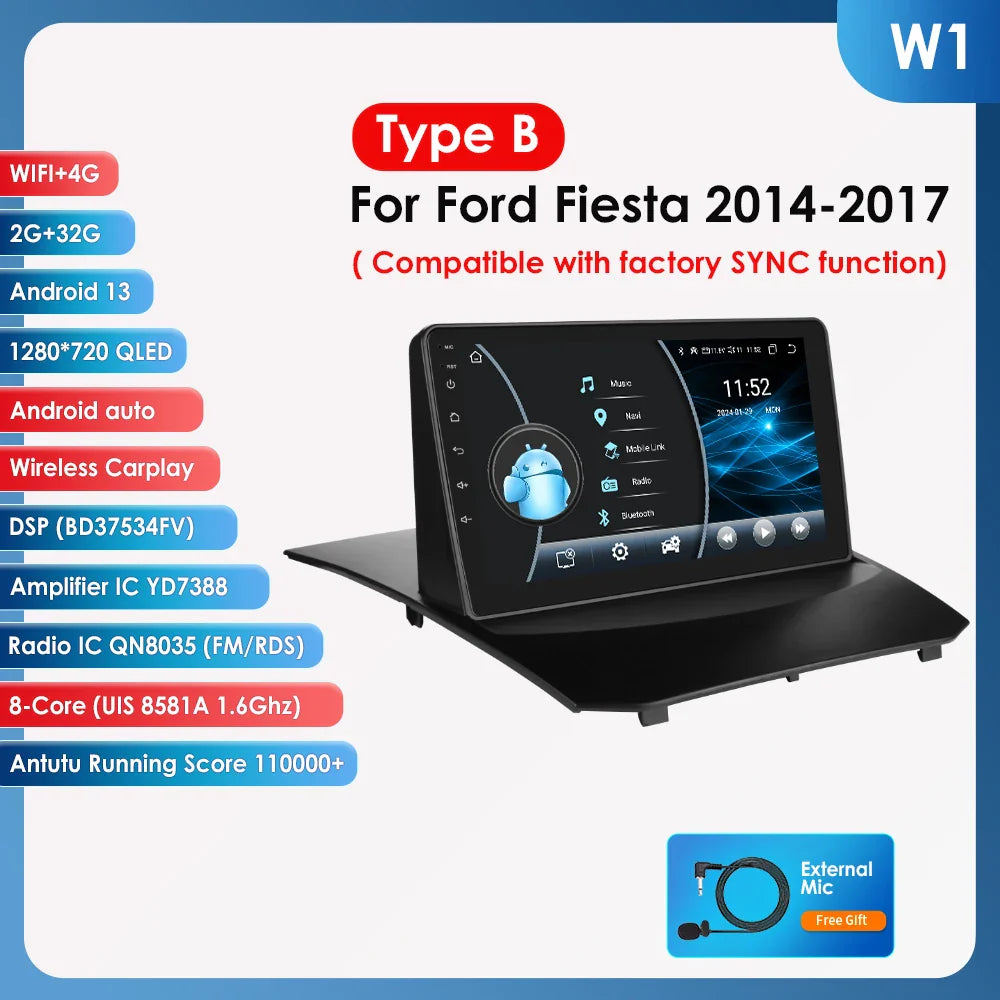 Hizpo 9 Inch Car Radio for Ford Fiesta 2009 - 2017 2din Android Multimedia Video Player GPS Navi Wireless Carplay Auto Screen