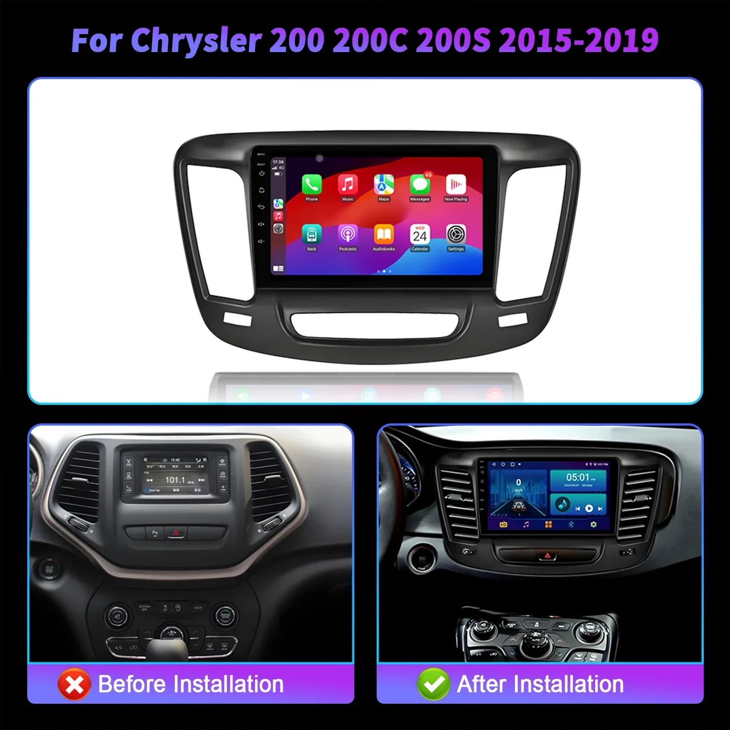For Chrysler 200 200C 200S 2015-2019 Android 14 Car Radio Stereo Multimedia Navigation Carplay WIFI 4G 5G BT 2K QLED Screen