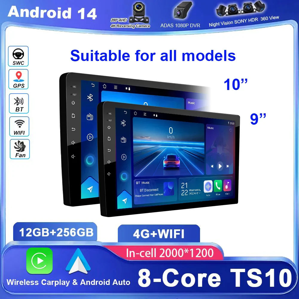 Android 14 CarPlay car radio Android Auto GPS multimedia player 2 DIN universal 9/10 inch Car stereo WiFi player QLED Screen BT