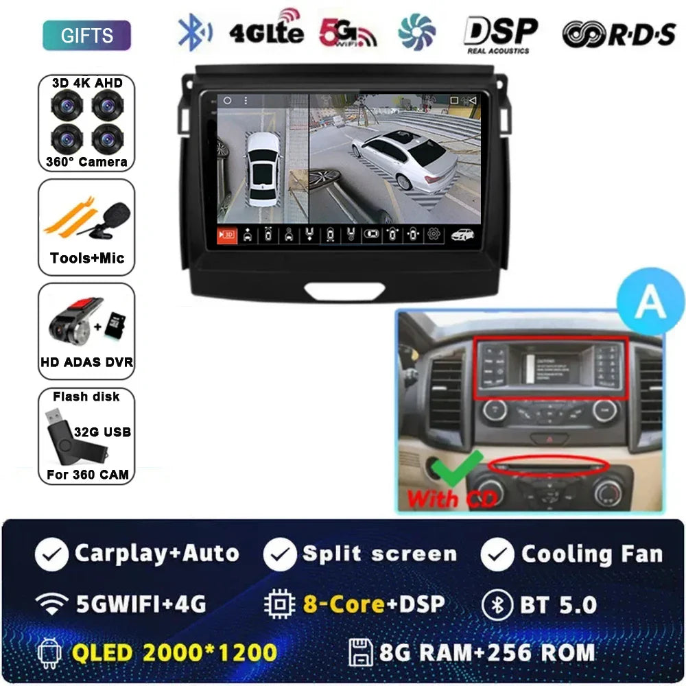 Android 15 Car Radio Stereo QLED Screen For Ford Ranger 2015 2016 2017 2018 2019-2022 GPS Multimedia Carplay Autoradio Head unit