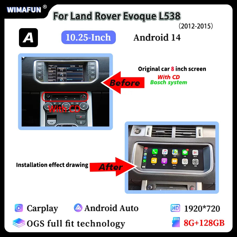 10.25" For Range Rover Evoque L538 2012-2018 Car Radio Navigation Multimedia Screen Bluetooth Player Android 14 Carplay Auto