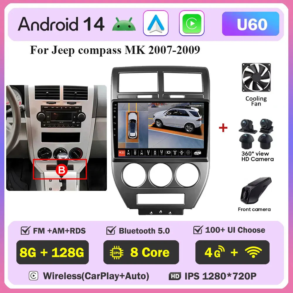 Android 14 Car For Dodge Caliber 2007-2010 For Jeep compass MK 2007-2009 stereo Radio Wireless Carplay Android Auto Radio Stereo