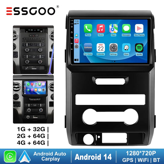 ESSGOO 9" Wireless Carplay Android 14 Auto Car Stereo Multimedia Player Radio GPS Nav Wifi BT USB FM SWC For Ford F150 2009-2014