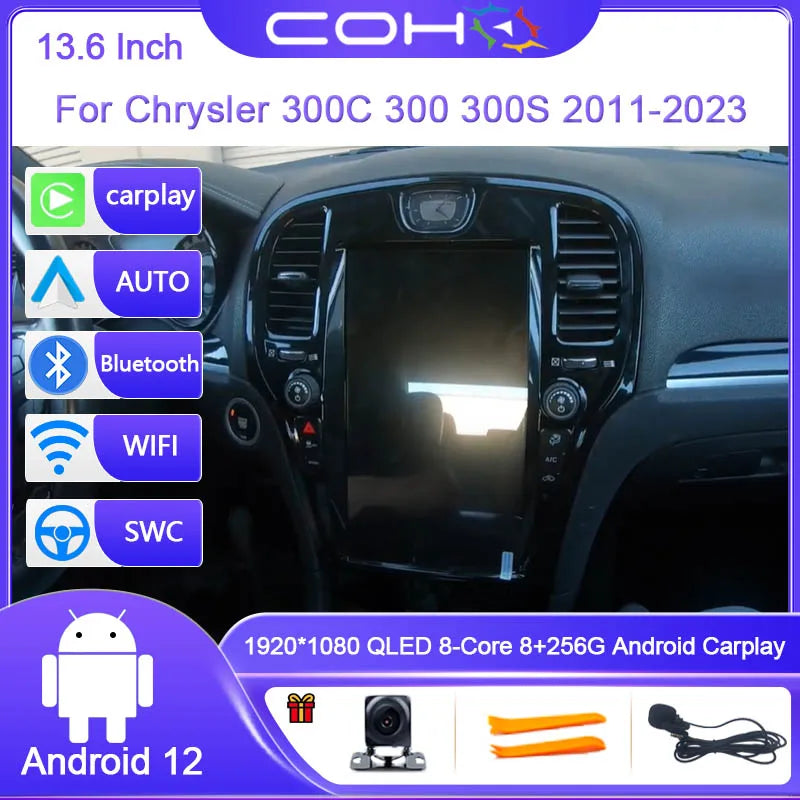 13.6 Inch For Chrysler 300C 300 300S 2011-2023 Android 12 8-Core 8G+128G Car Multimedia Player Stereo Receiver Radio GPS 4G WIFI