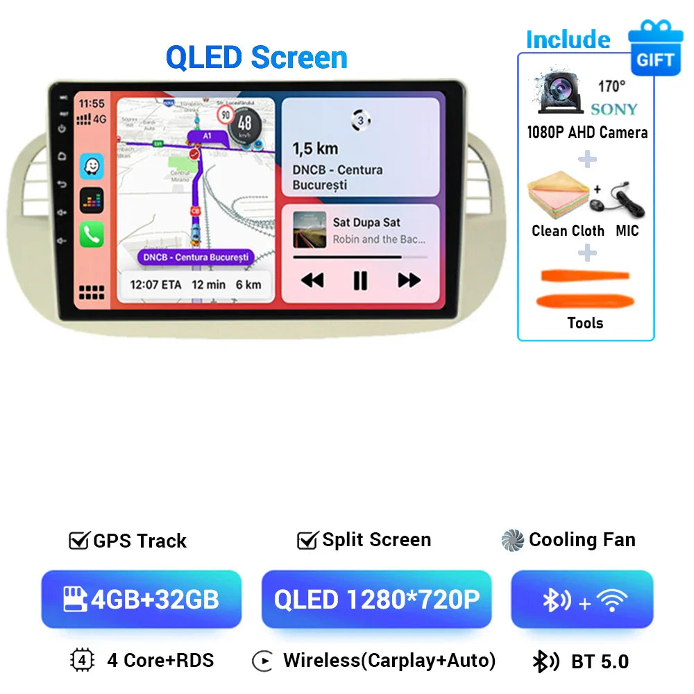 Android 15 8+256G For Fiat 500 Car Radio Stereo GPS Navigation Mirror Connection Split Screen Multimedia Carplay Auto Player DSP