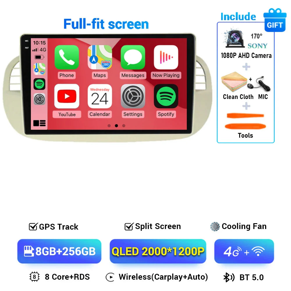 Android 15 8+256G For Fiat 500 Car Radio Stereo GPS Navigation Mirror Connection Split Screen Multimedia Carplay Auto Player DSP