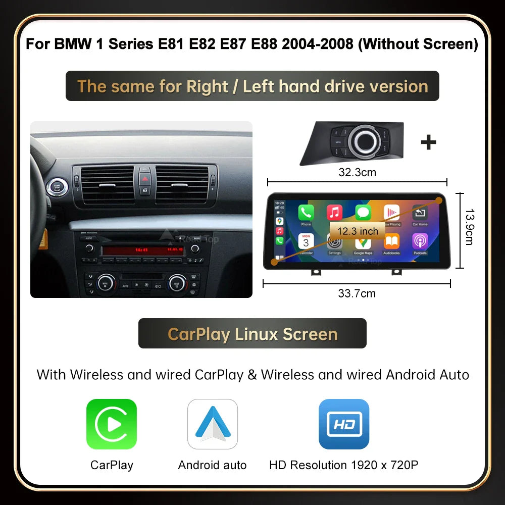 RoadTop Wireless CarPlay Android Auto For BMW Series 1 E81 E82 E87 E88 CCC CIC System Multimedia Display Screen