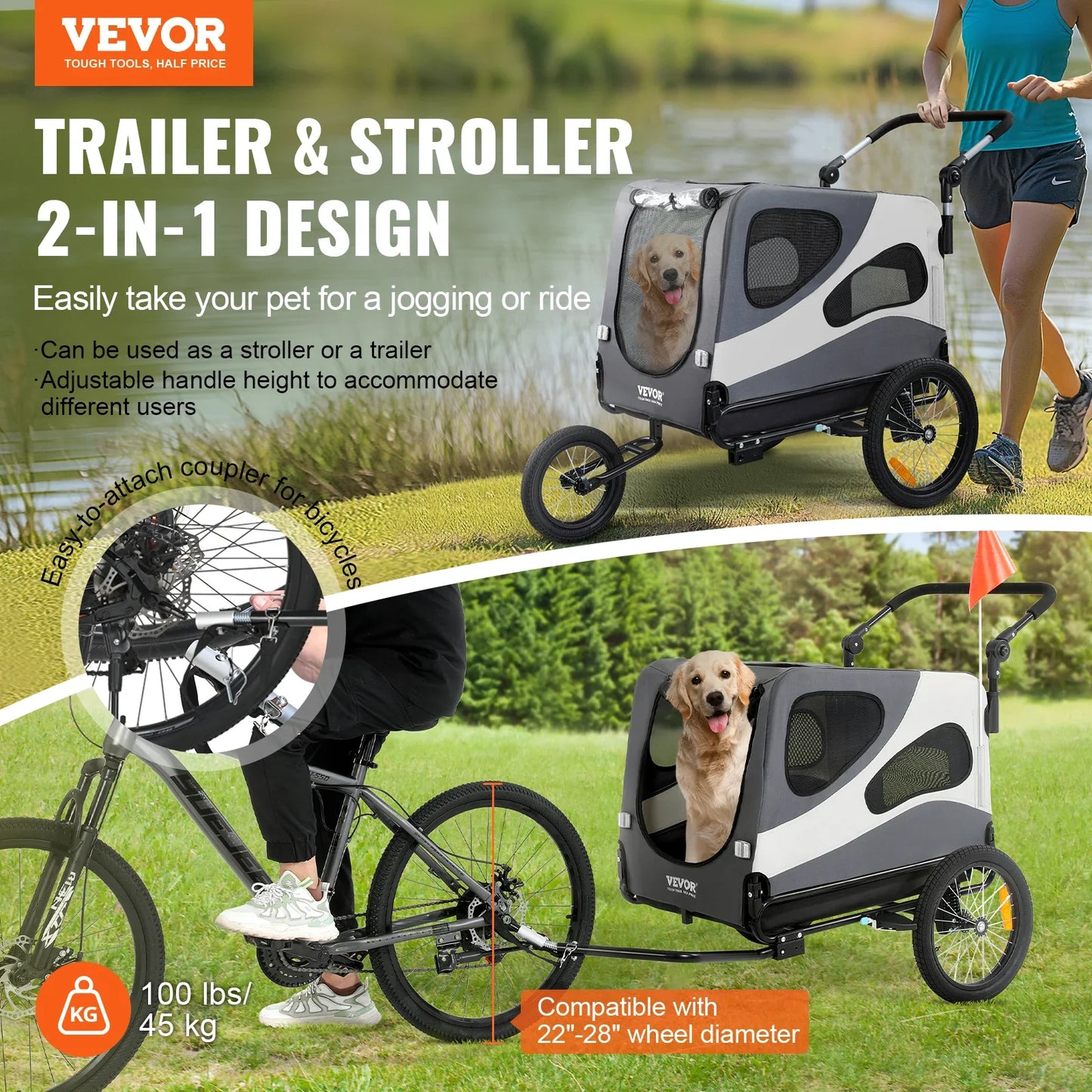 VEVOR 100lbs Dog Bike Trailer 2-in-1 Pet Stroller Cart Bicycle Carrier Folding Cart Frame with Wheels Reflectors Flag for Dogs