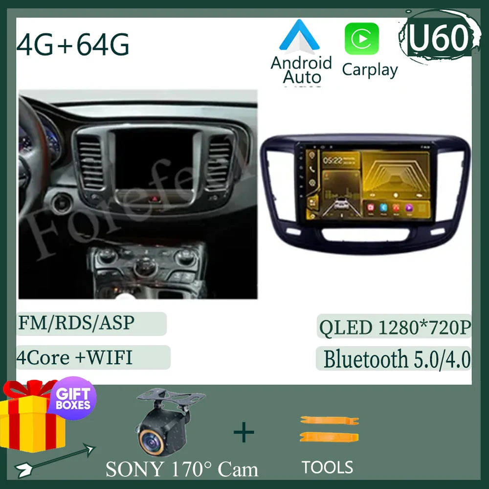 Auto Stereo Android 14 For Chrysler 200 200C 200S 2015 - 2019 Car Radio Navigation GPS Touch QLED Screen DVD Video Player DSP BT