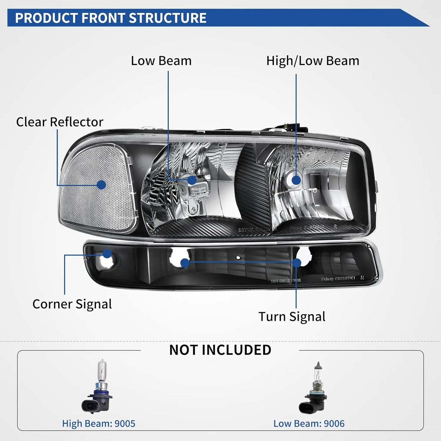 Headlight Assembly Compatible with 1999 2000 2001 2002 2003 2004 2005 2006 GMC Sierra 1500 2500 3500/00-06 GMC Yukon Headlamp wi