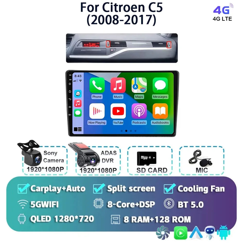 Android 14 Carplay Auto Car Radio Multimedia Player For Citroen C5 2008 2009 2010-2017 Autoradio Stereo DSP GPS 2din Head Unit