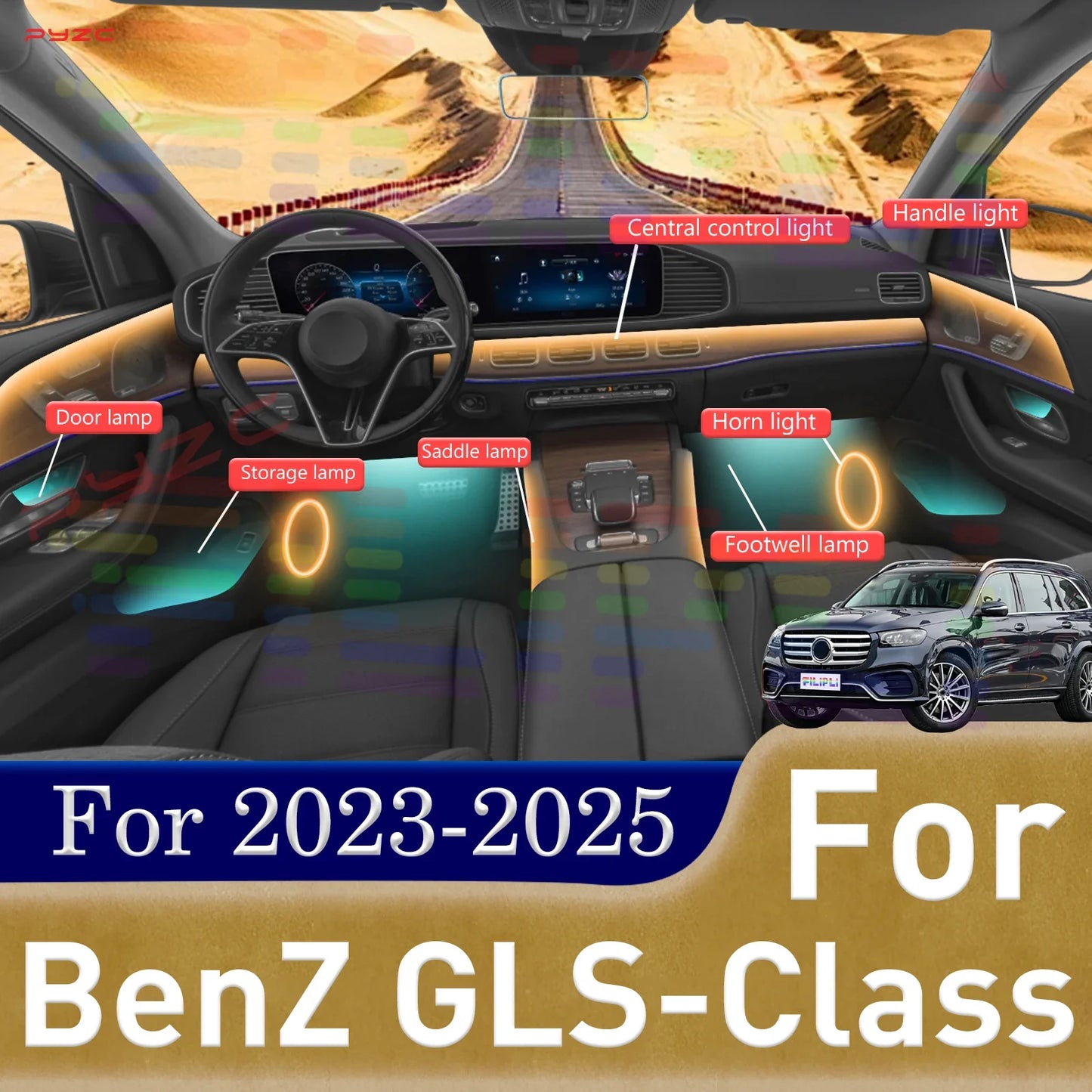 For BenZ GLS-Class Car Interior APP Control 64 Color RGB Symphony Ambient Light Strip Acrylic Guide LED Atmosphere Lamp