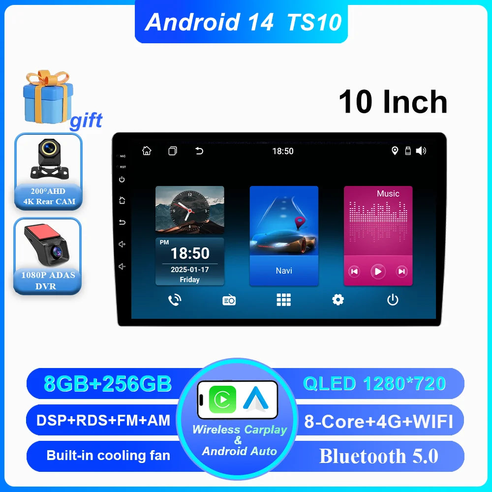 Android 14 CarPlay car radio Android Auto GPS multimedia player 2 DIN universal 9/10 inch Car stereo WiFi player QLED Screen BT