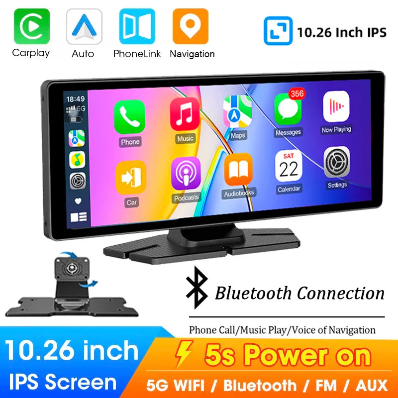 "10.26'' Android Auto/Apple Carplay Touch Screen - AUX USB Bluetooth Car Radio with Split View & Steering Wheel Control"