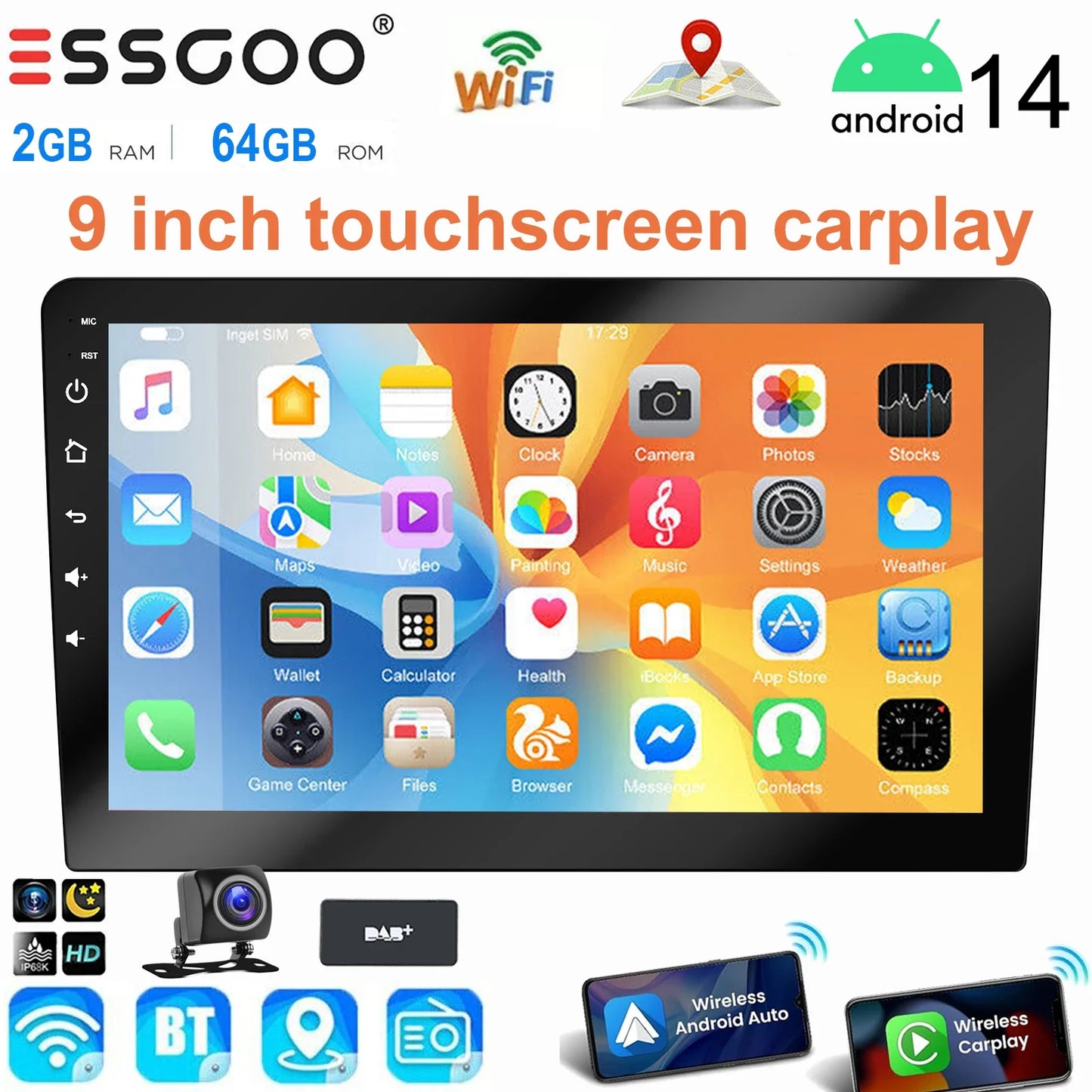 ESSGOO 9 Inch touchscreen 2 DIN Car stereo radio Android 14 Wireless Carplay Android auto play GPS Navi WiFi FM RDS SWC BT USB