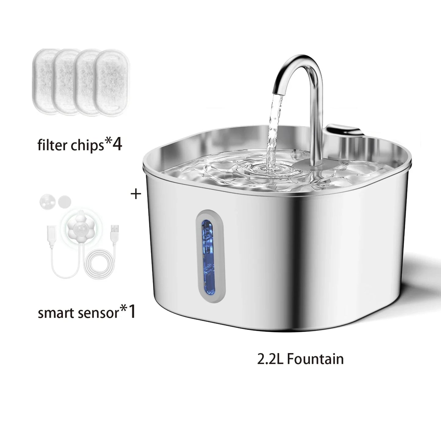 ZYFeeder 2.2L Automatic Cat Water Fountain Square Stainless Steel Pet Water Feeder Dog Water Fountain with window(No 5V 1A Plug)