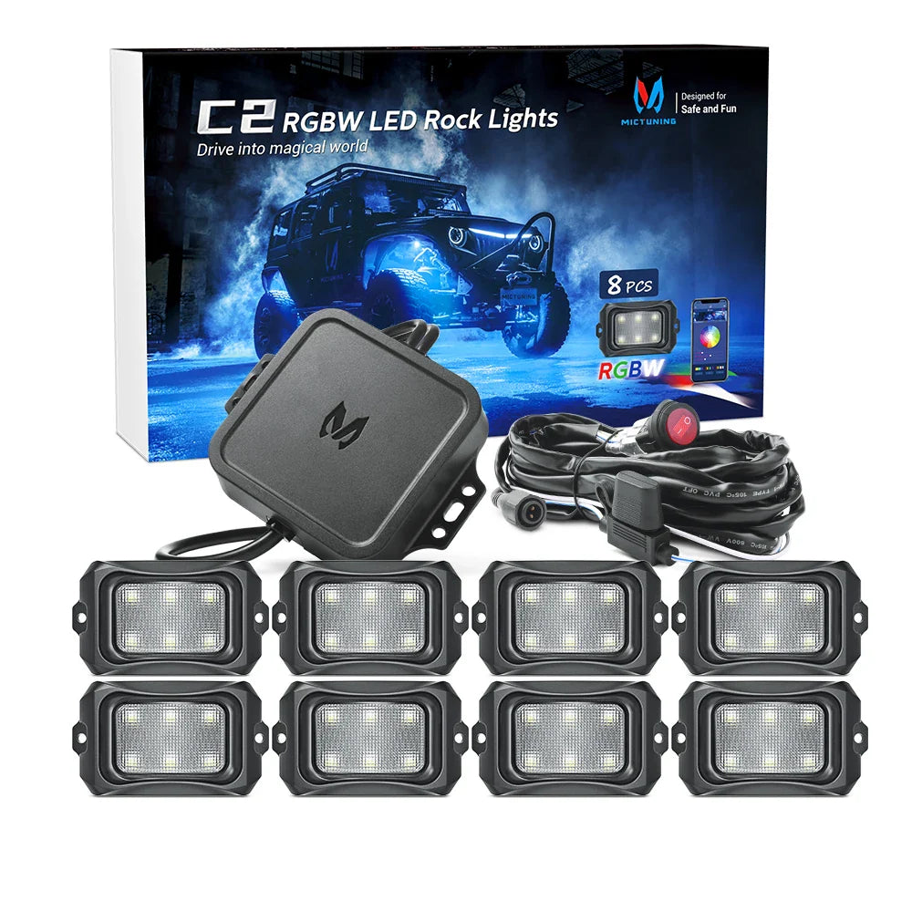 MICTUNING C1 8 Pods RGBW LED Rock Lights Remote Multicolor Underglow Neon Light Kit Wireless App Controller Music Mode