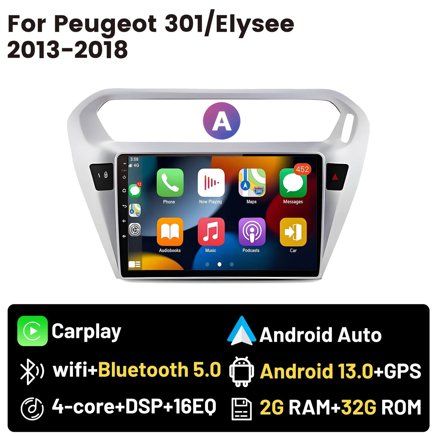 Wireless CarPlay Android Auto Car Bluetooth Radio For Peugeot 301 Citroen Elysee 2013-2018 2Din Android 14 DSP GPS FM Autoradio