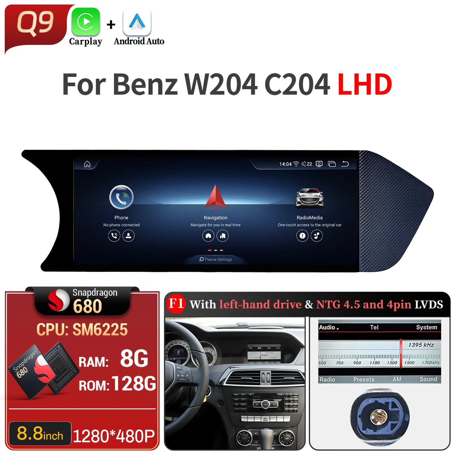 8.8 inch Android 14 For Mercedes Benz C Class W204 S204 2011-2015 Car Radio BT Carplay Qualcomm Snapdragon 680 Head Unit Screen
